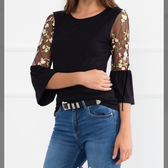 Milan Kiss Tops - Milan Kiss Blouse Sheer Floral Sleeves